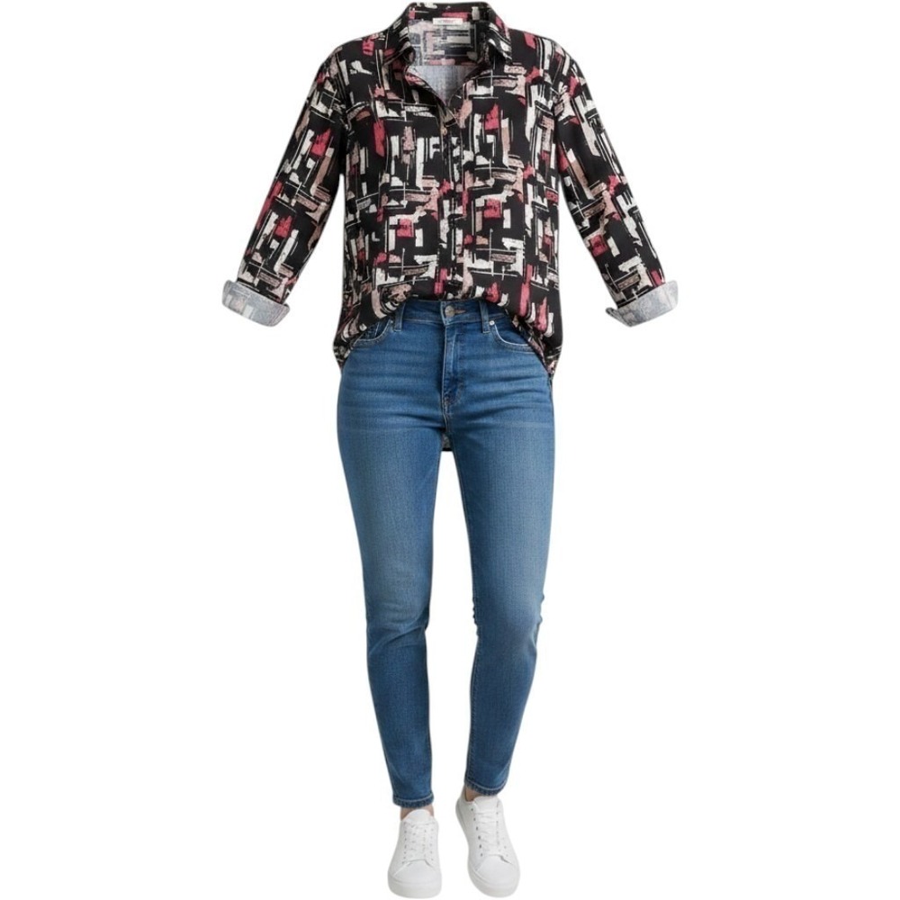 Women Alfani Blouse XL Black Abstract Button-Down Long Sleeve Relaxed Regular